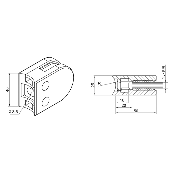 Glasklemme Zinkdruckguss 40 x 50 x 26 mm | Modell 20-2