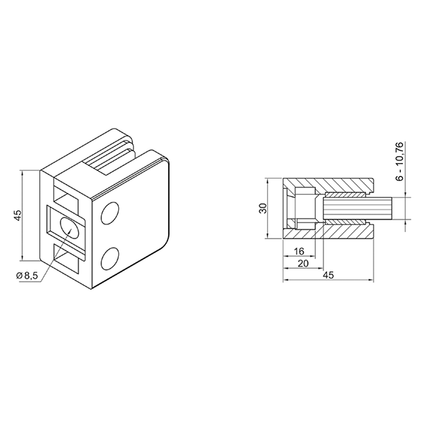 Glasklemme Zinkdruckguss 45 x 45 x 30 mm | Modell 21-2