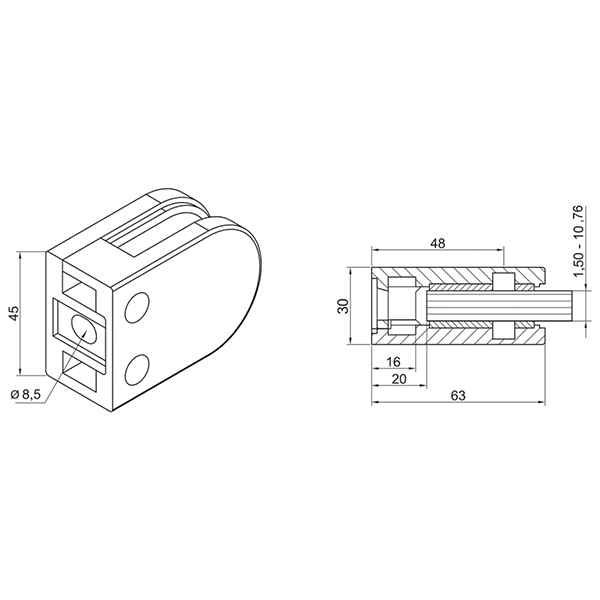 Glasklemme Zinkdruckguss 45 x 63 x 30 mm | Modell 22-2