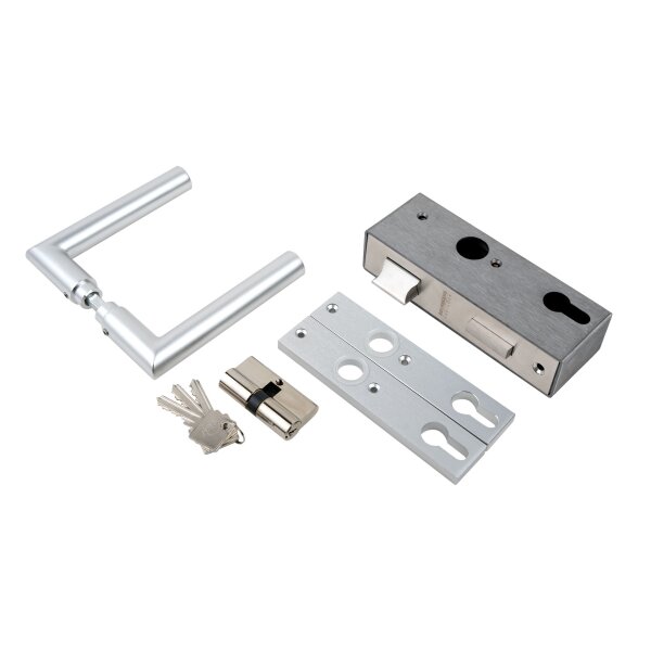 Kastenschloss Dorn 40 | Breite 40 | inkl. Türdrücker, Drückerschild, Profilzylinder | eckig | Set